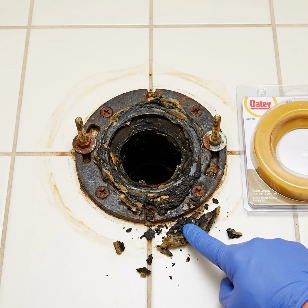 Failed wax ring showing water seepage at the base of a toilet in a Lebanon, NJ home