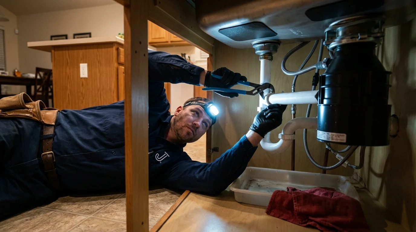 P-trap and supply line connections under a kitchen sink showing a common leak point in Lebanon, NJ
